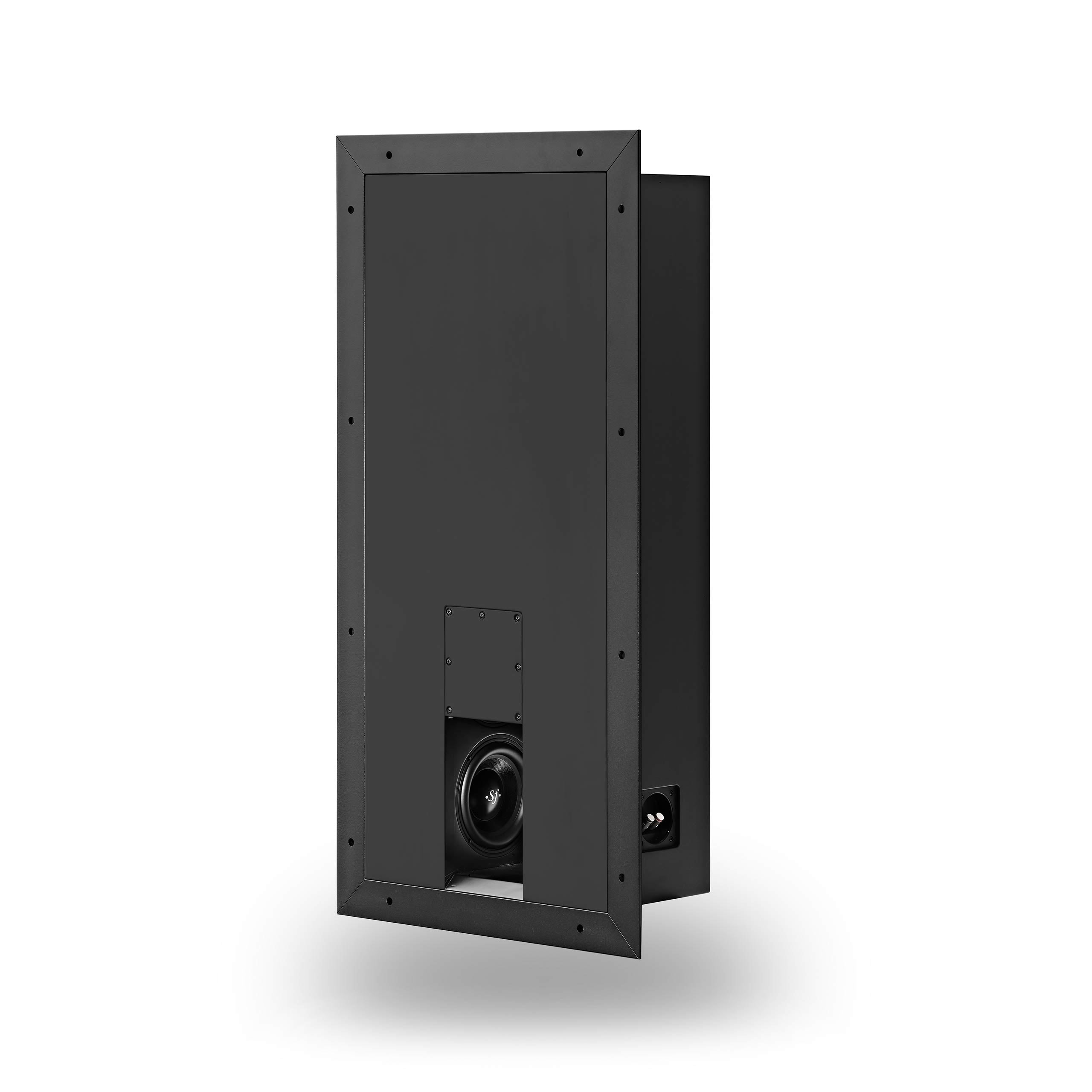 Sonus faber Arena S15 in-wall modular balanced subwoofer, displaying its sleek black design.