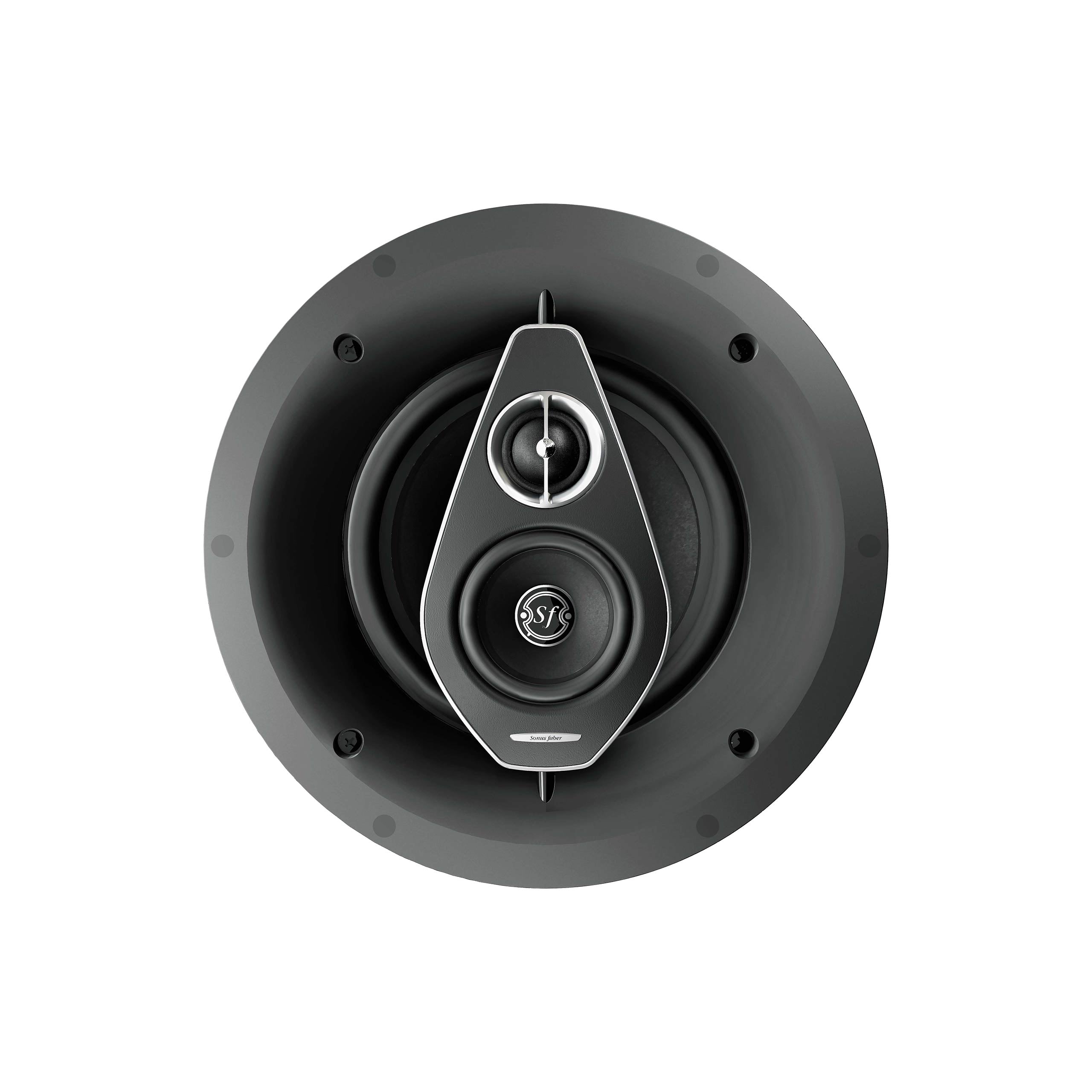 Close-up of the Sonus faber PC-683 3-way in-ceiling speaker system without the grille, showcasing intricate details.