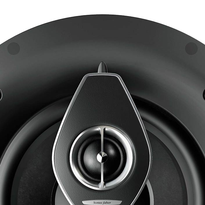 Close-up view of the Sonus faber PC-682 2-way in-ceiling system without the grille, showcasing detailed design elements.