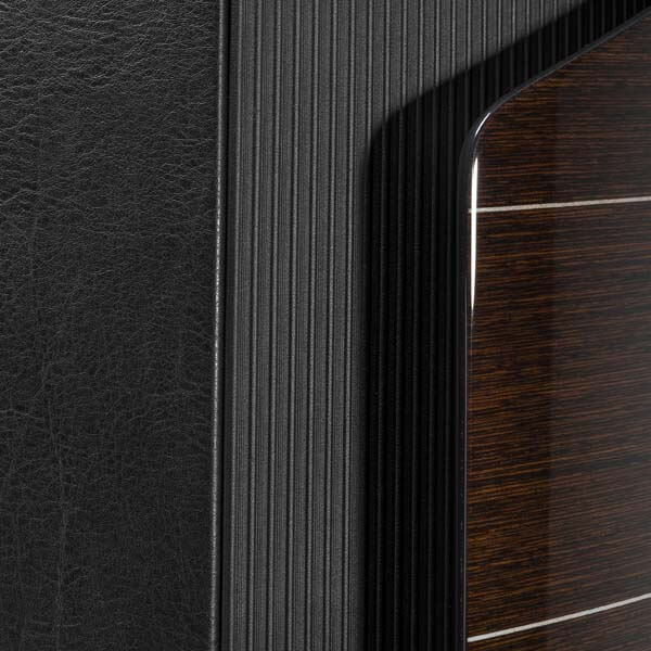 Close-up of Sonus faber's Aida floorstanding loudspeaker in Wenge high gloss finish with Black leather detailing.