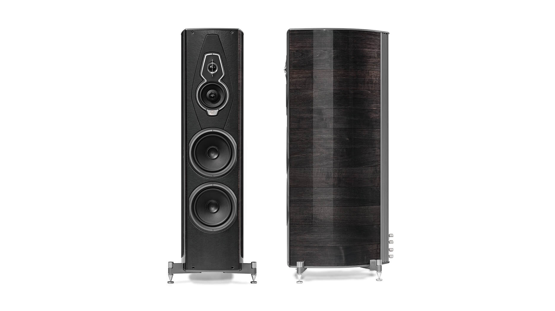 Amati G5 speakers: Graphite Wood - Italian Leather finish. Front and side angles highlight intricate design and rich hues.