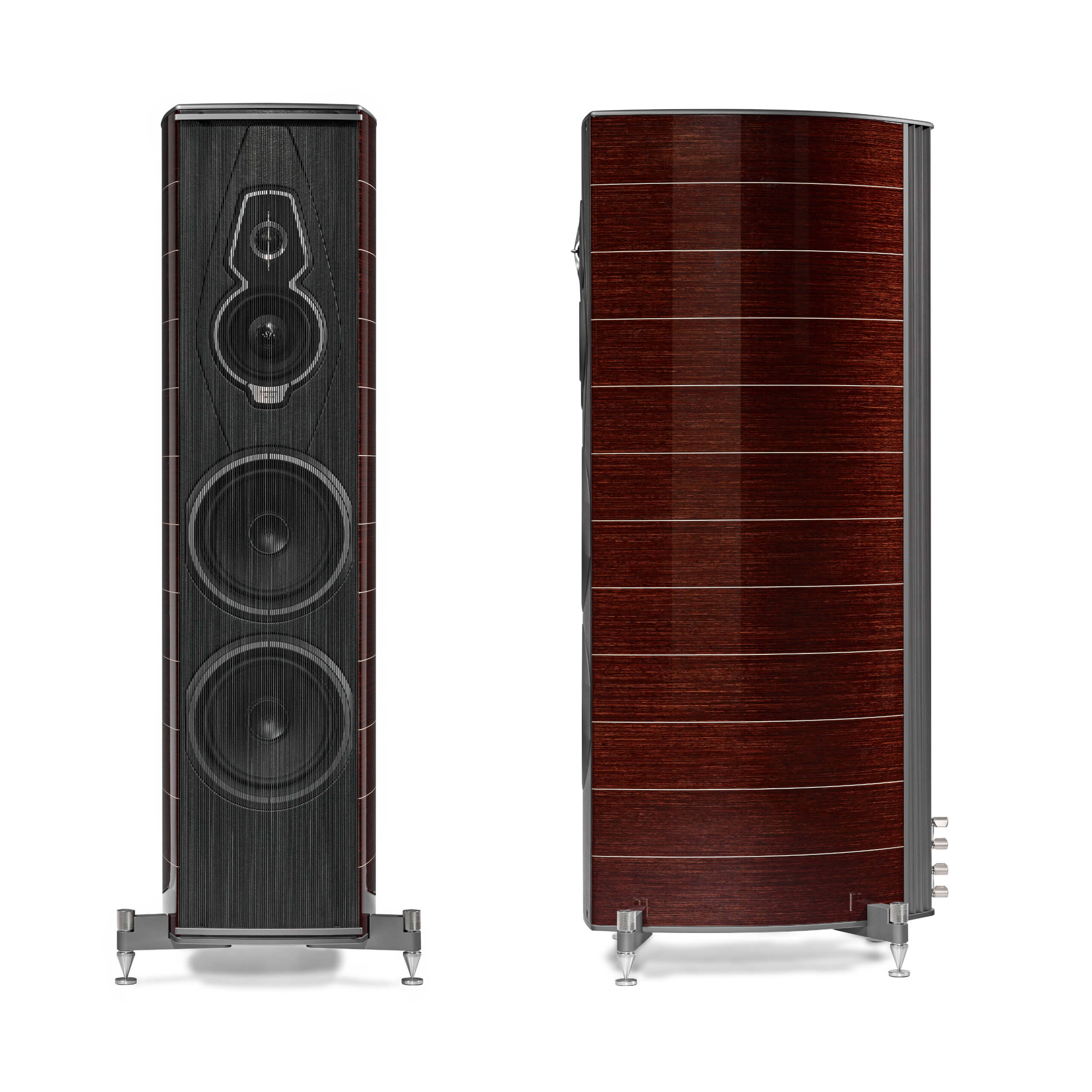 A duo of Amati G5 floorstanding speakers in Wenge Wood, Italian Leather finish, showcasing both front and side views.