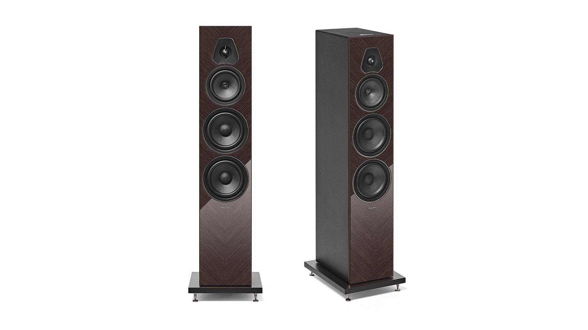 A duo of Sonus faber Lumina V Amator floorstanding speakers in wenge high gloss multilayer wood with black leather accents.
