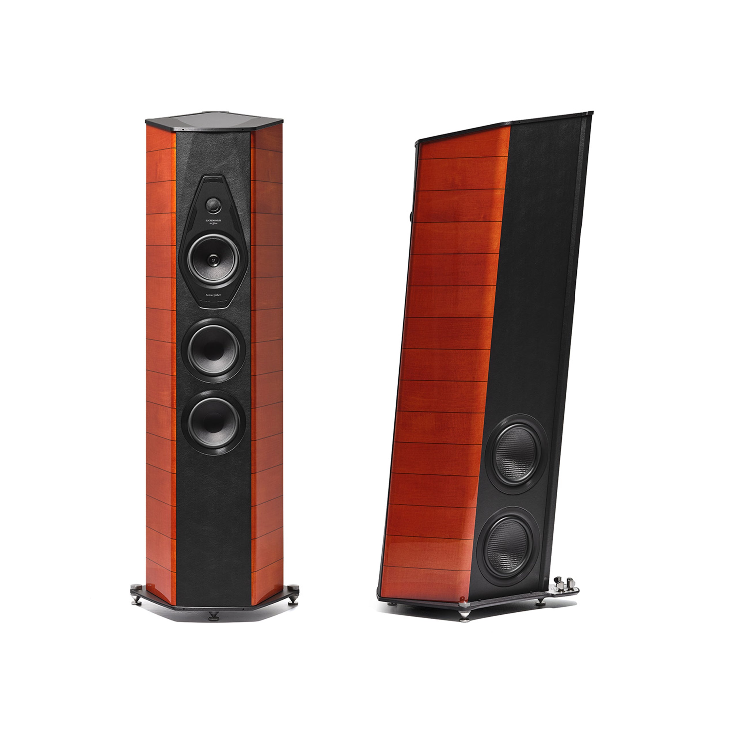 A pair of Sonus faber Il Cremonese Ex3me speakers displaying front and back views in Red Violin high gloss wood.