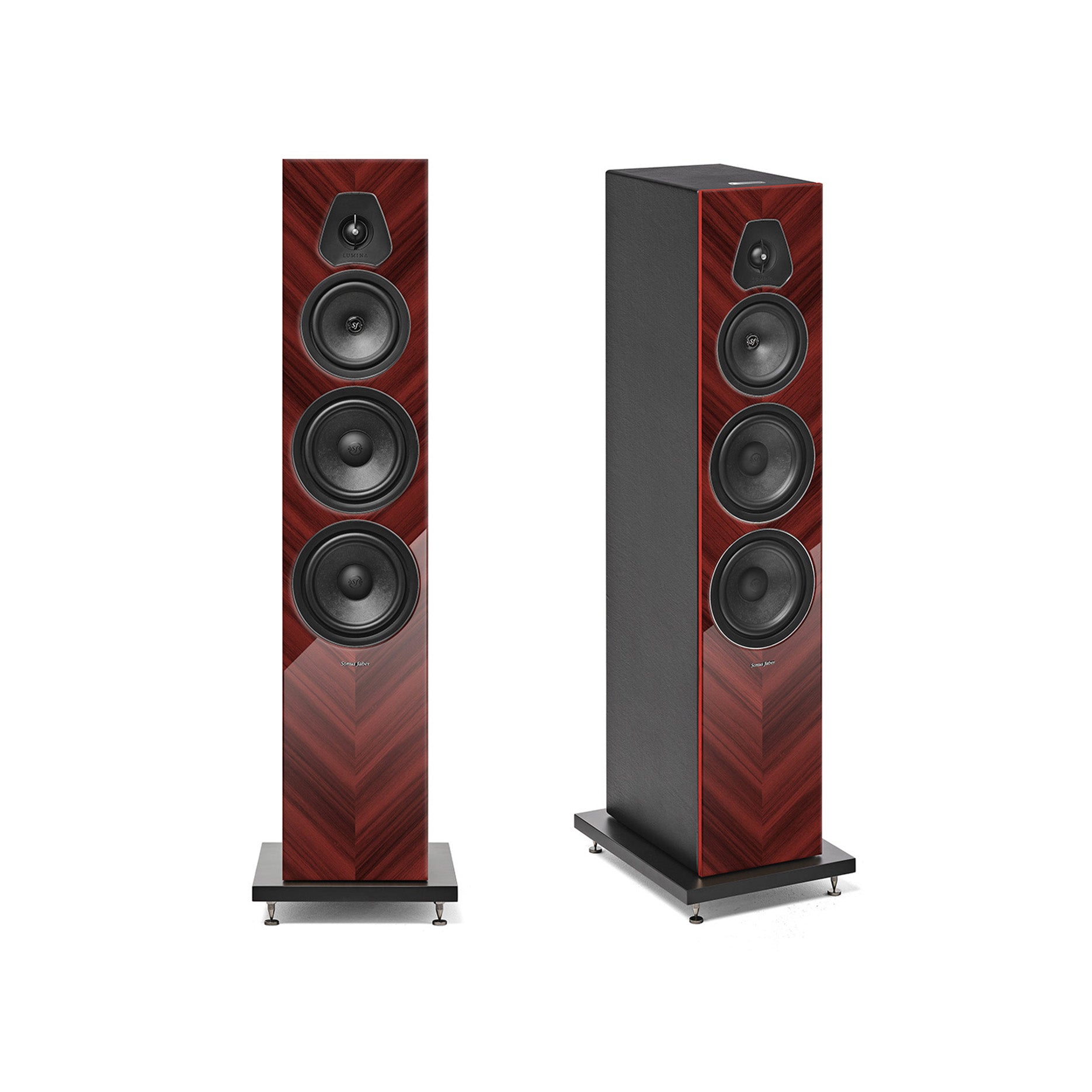 A pair of Sonus faber Lumina V Amator floorstanding speakers in red high gloss multilayer wood with black leather accents.