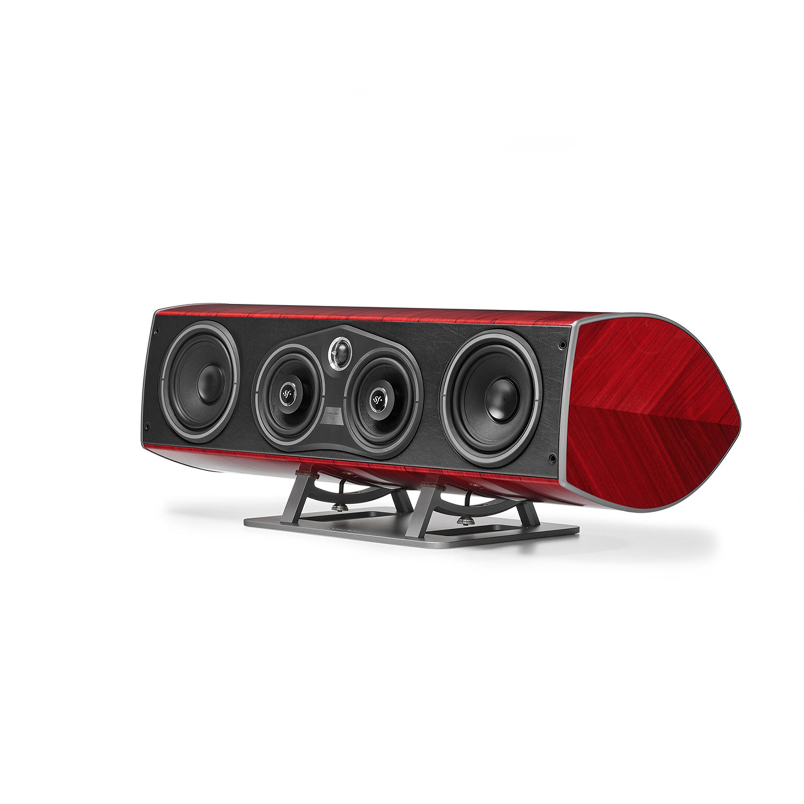 Sonus faber's Vox G3 home cinema speaker in Red Wood, Italian Leather finish.