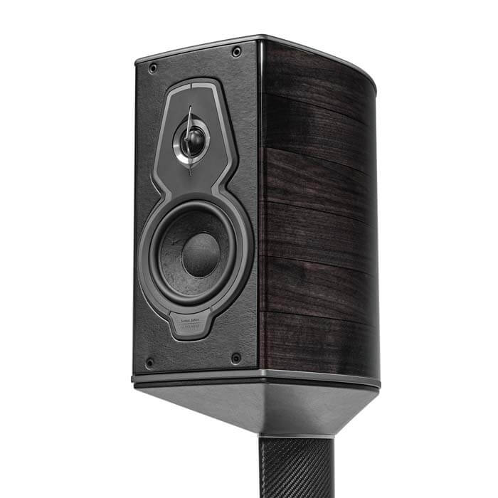 Close-up view of Sonus faber Guarneri G5 floorstanding speaker, highlighting the beautiful Graphite wood finishes.