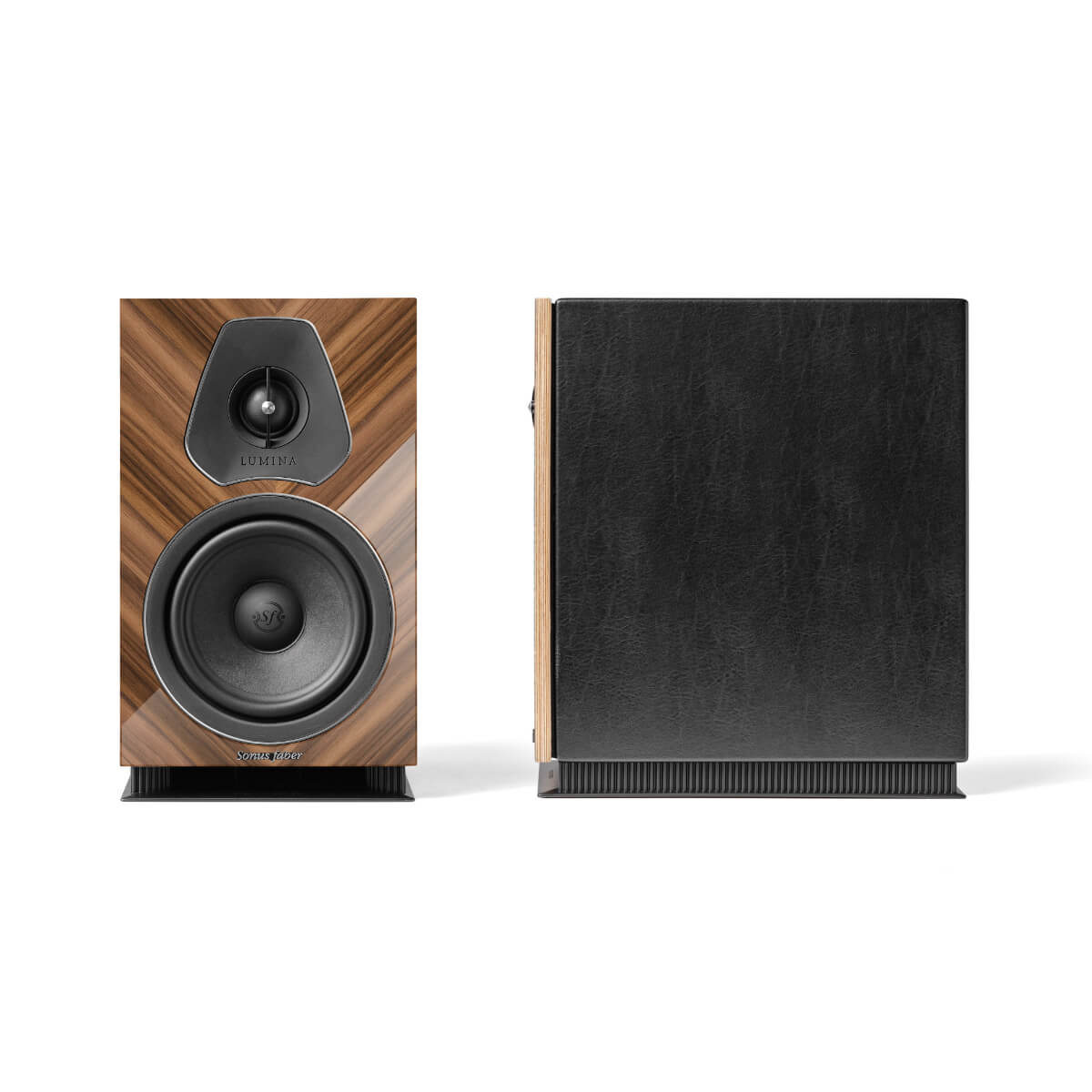 A front view of the Sonus faber Lumina Amator II bookshelf speaker with a high gloss wenge wood finish.