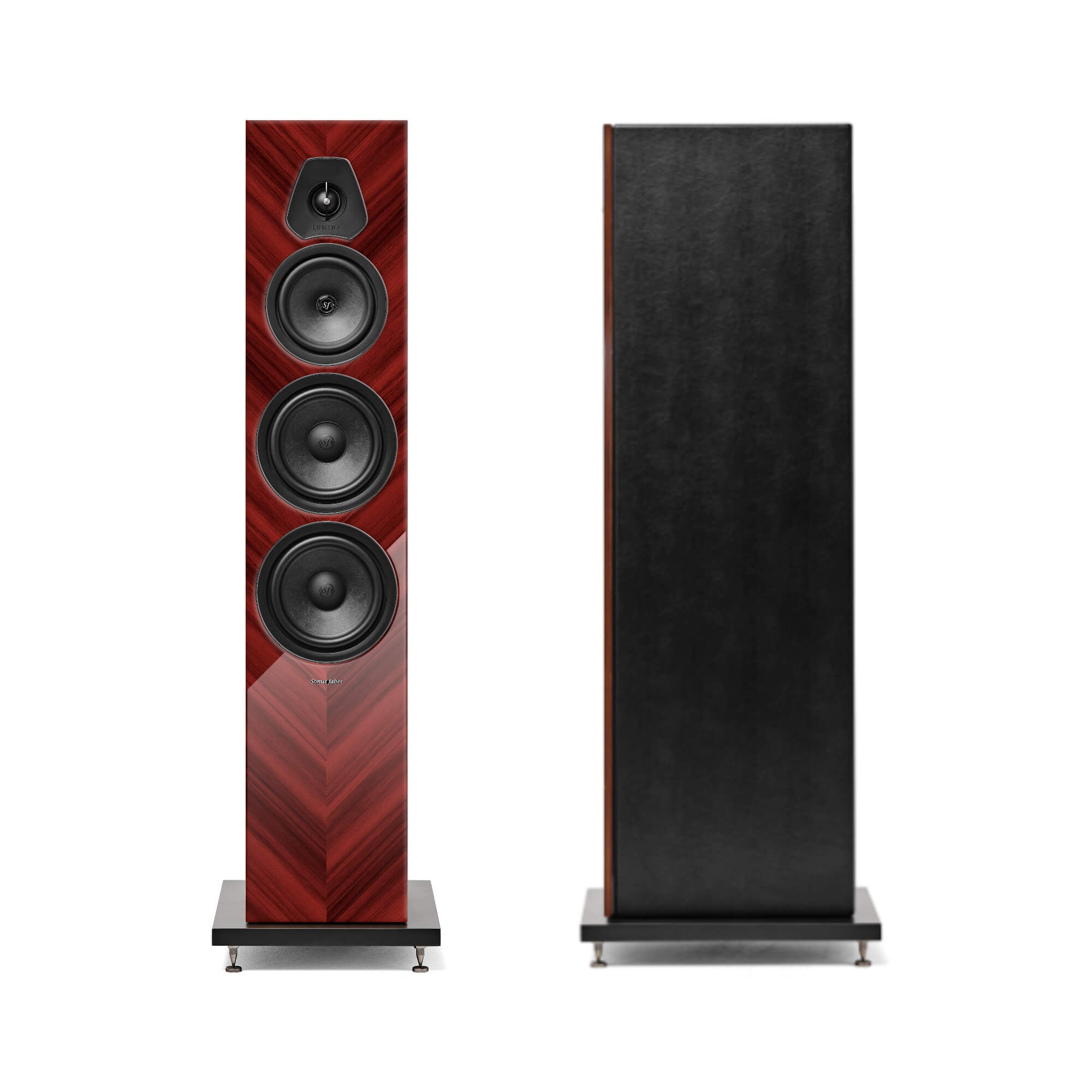 A front view of the Sonus faber Lumina Amator V floorstanding speaker with a high gloss red wood finish.