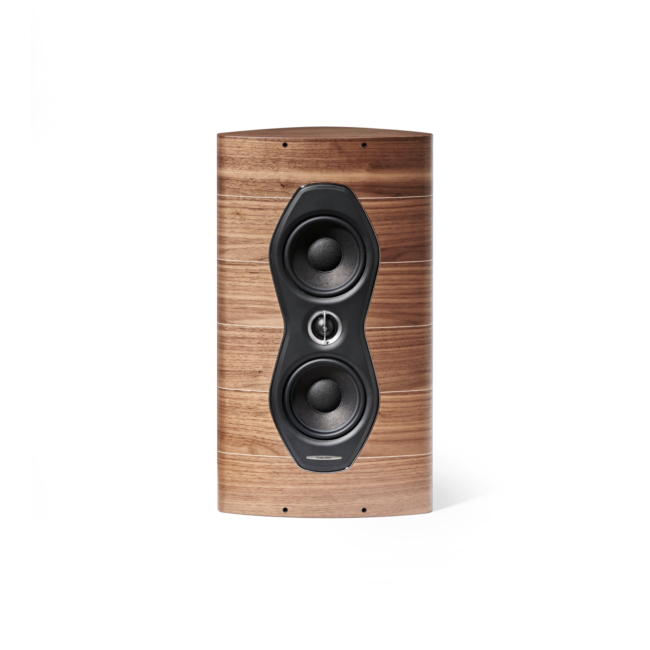 A front view of the Sonus faber Olympica Nova W on-wall speaker in walnut wood finish.