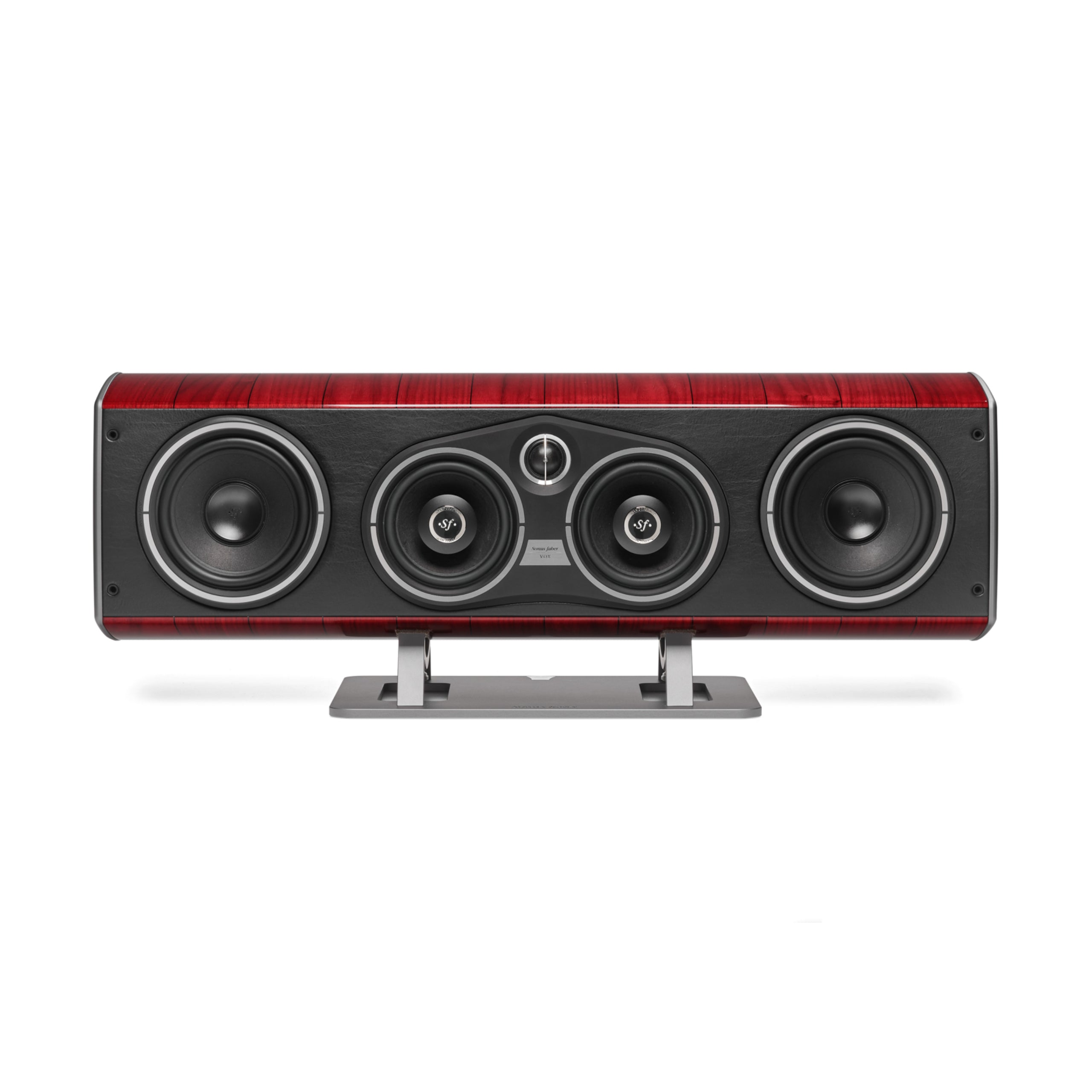 A front view of the Sonus faber Vox center channel speaker in red high gloss wood from the Homage collection.
