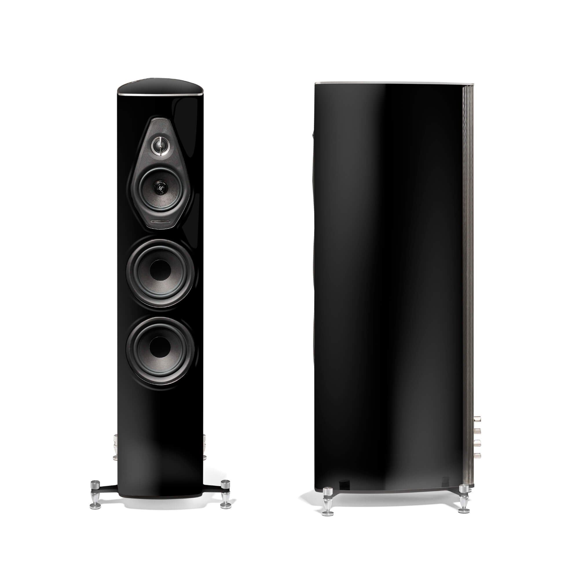 A front view of the Sonus faber Olympica Nova II floorstanding speaker on a stand in wenge wood finish.