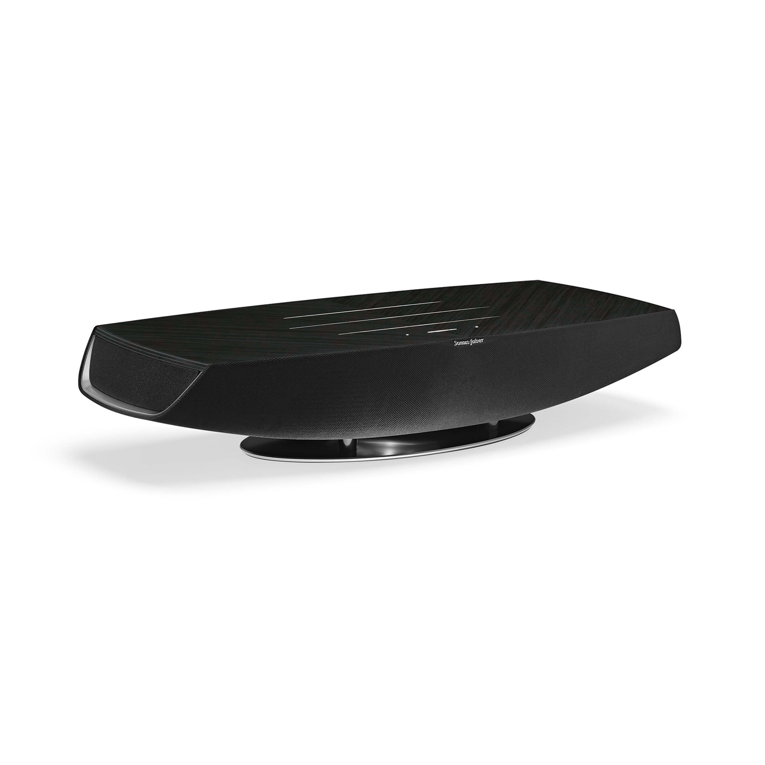 Sonus faber Omnia wireless bookshelf speaker in Graphite, Black fabric, and Aluminum/Titanium finishes.