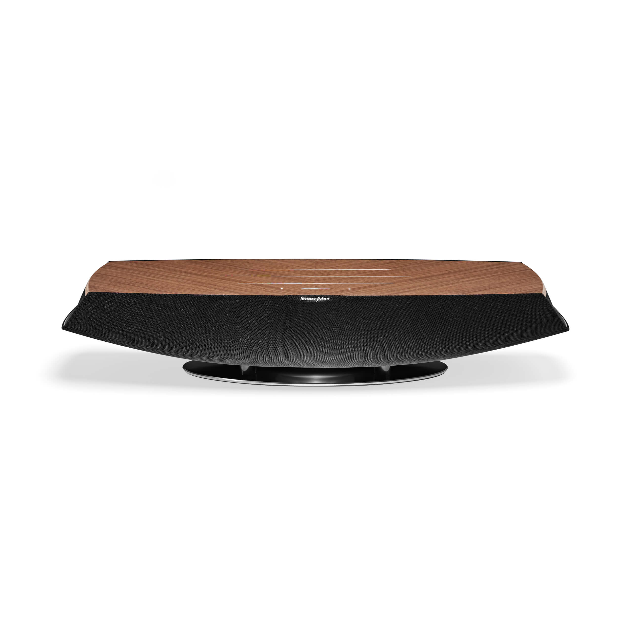 A front view of the Sonus faber Omnia wireless bookshelf speaker in walnut wood finish.
