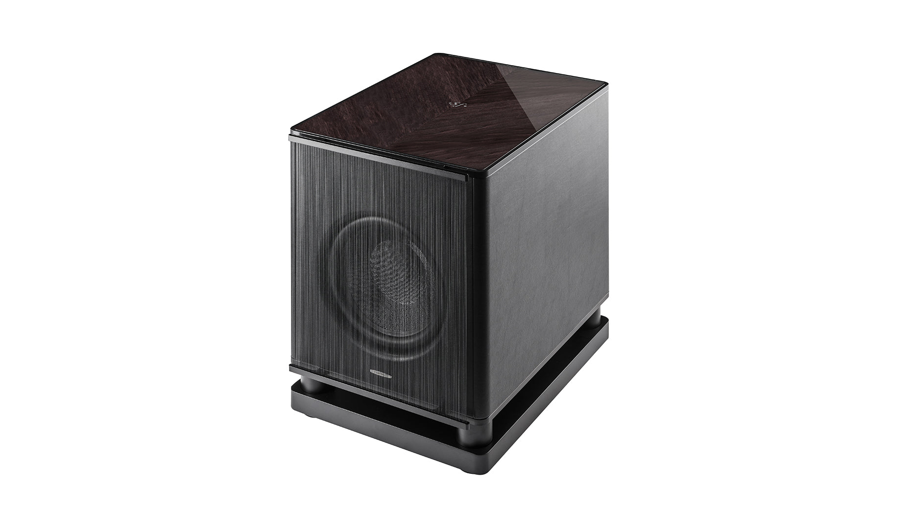 Sonus faber Gravis VI subwoofer speaker featuring graphite wood with 45-degree grains and black leather finishes.