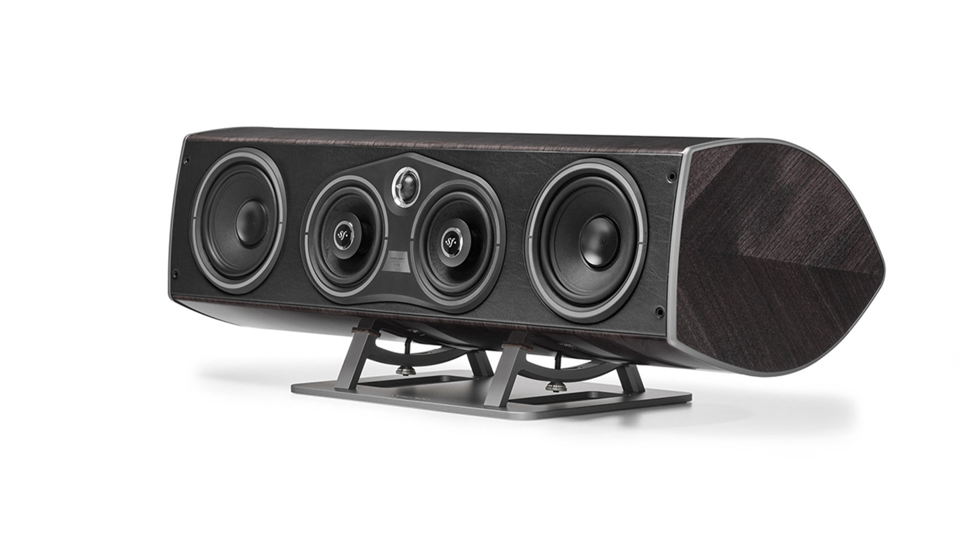 Front view of Sonus faber Vox G3 home cinema speaker in Graphite Wood - Italian Leather finish.
