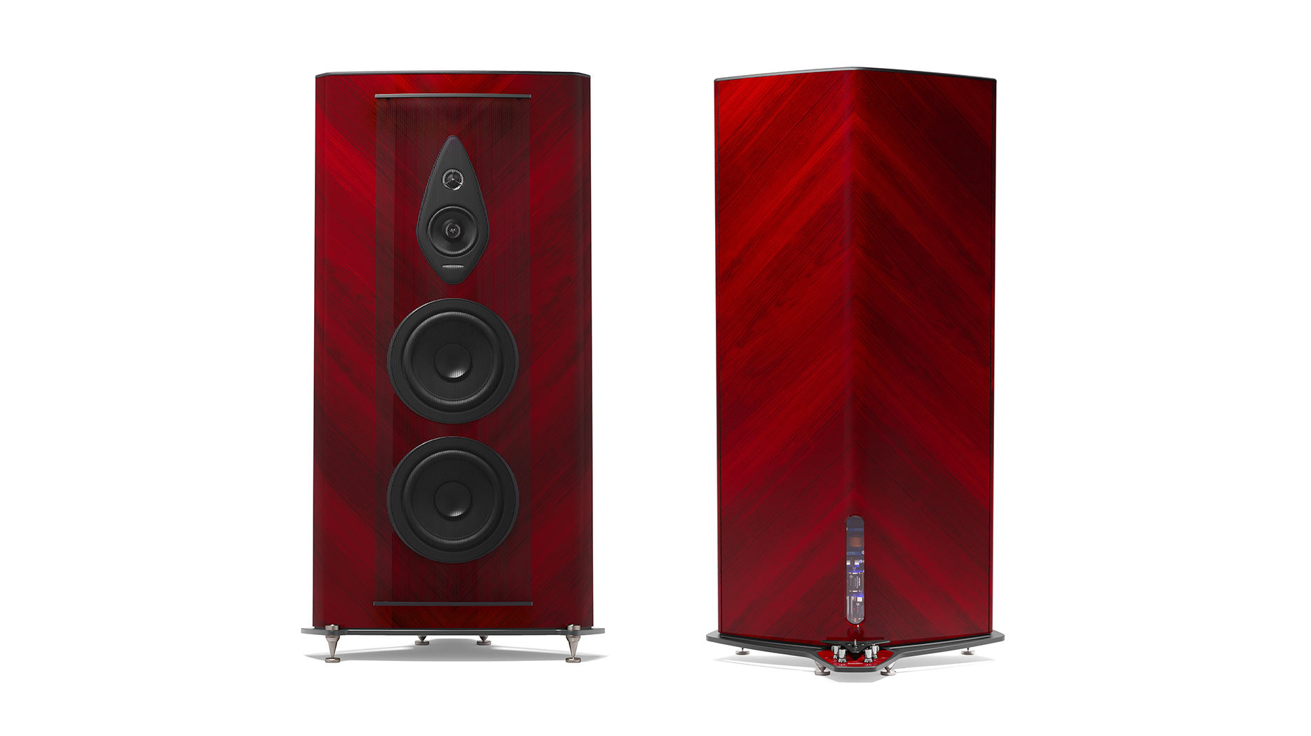 Red Wood finish Stradivari G2 speakers, front and back views, displaying the iconic Sonus faber design.