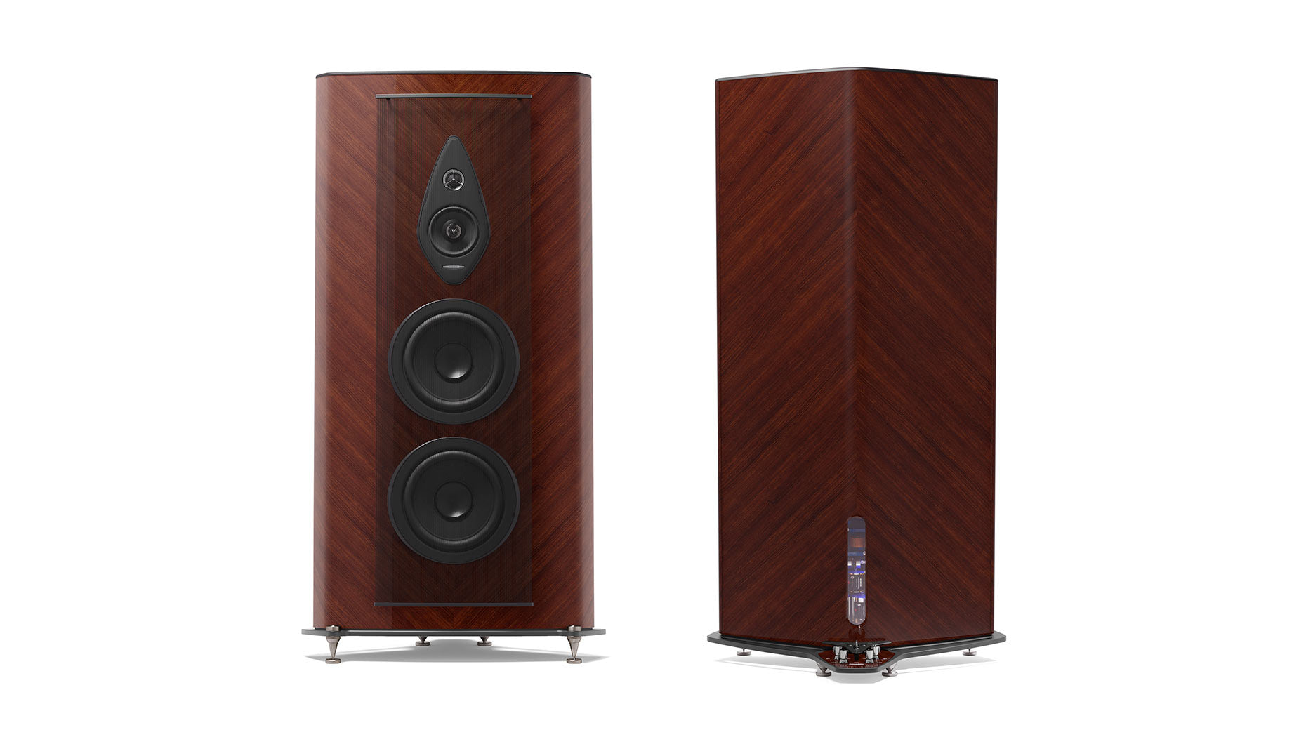 Wenge Wood, Italian leather finish Stradivari G2 speakers, showcasing the iconic Sonus faber design from front to back