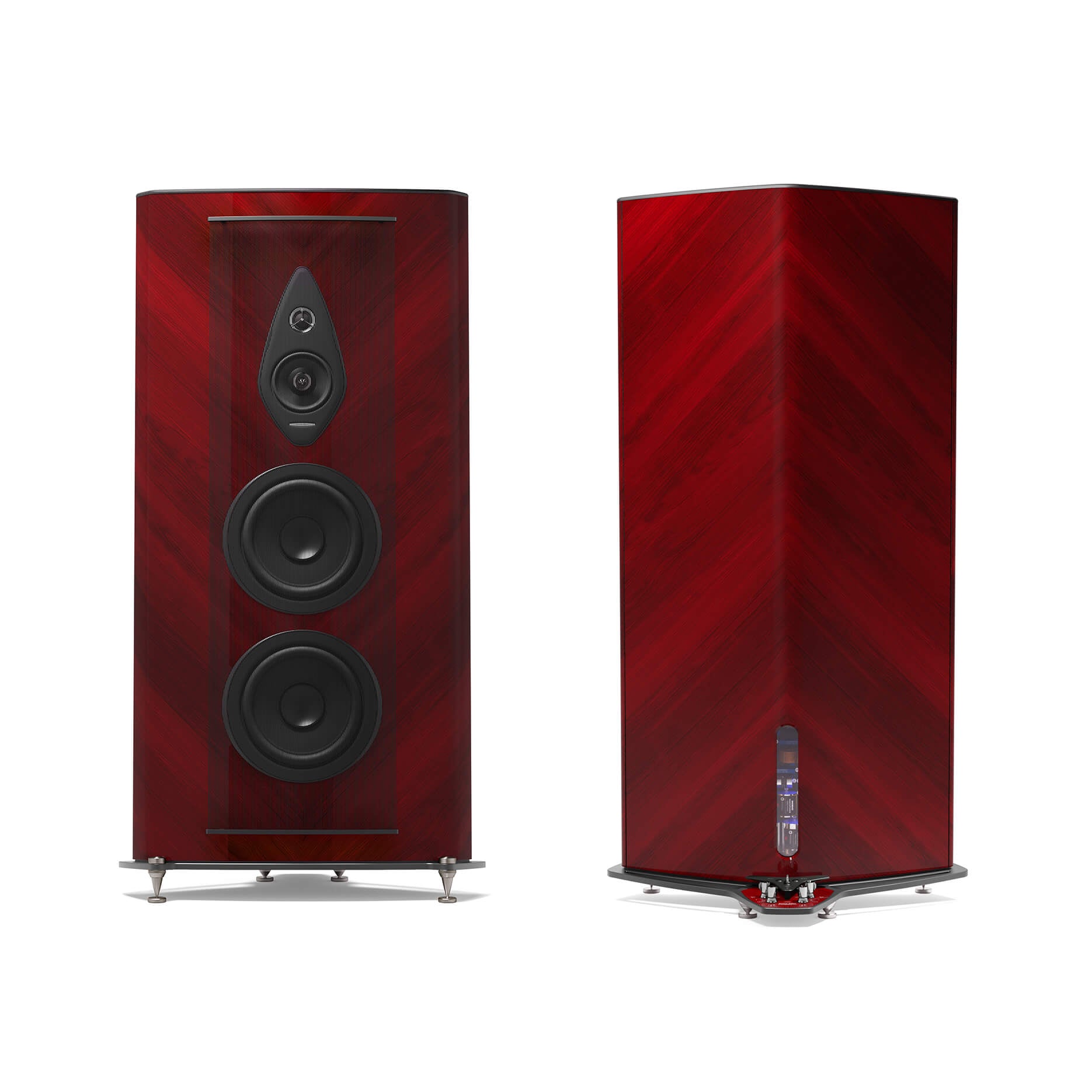 Red Wood finish Stradivari G2 speakers, front and back views, displaying the iconic Sonus faber design.