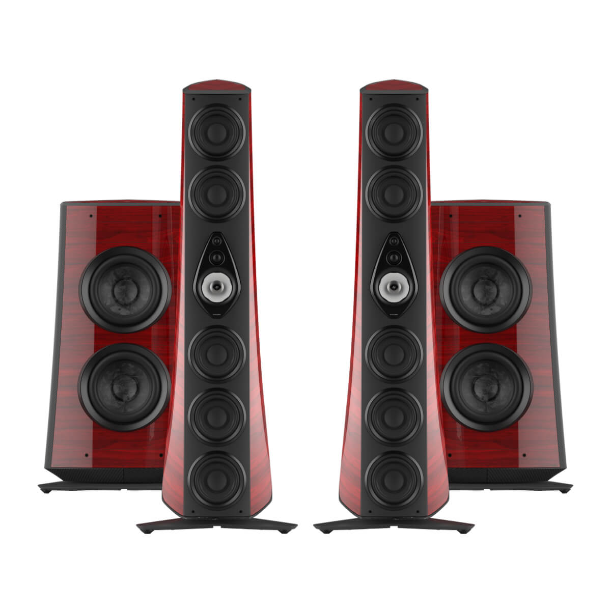 A front view of the Sonus faber Suprema floorstanding speaker and subwoofer from the Reference collection