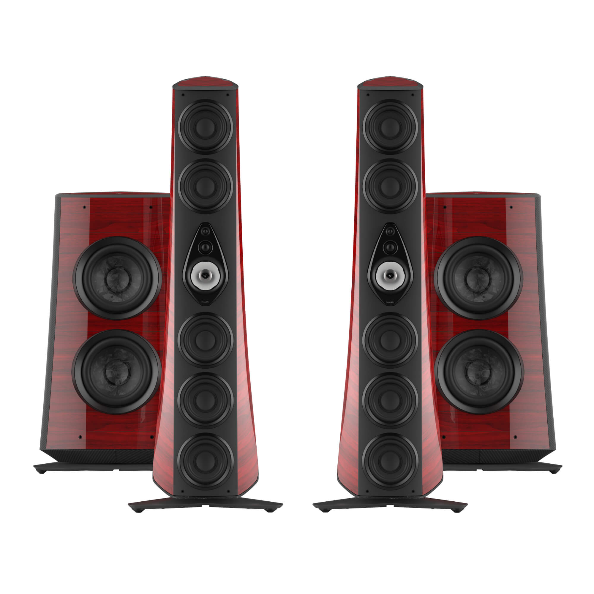 A front view of the Sonus faber Suprema floorstanding speaker and subwoofer from the Reference collection