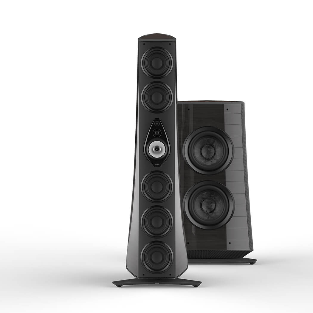 Suprema tower and subwoofer speakers in red graphite gloss leather