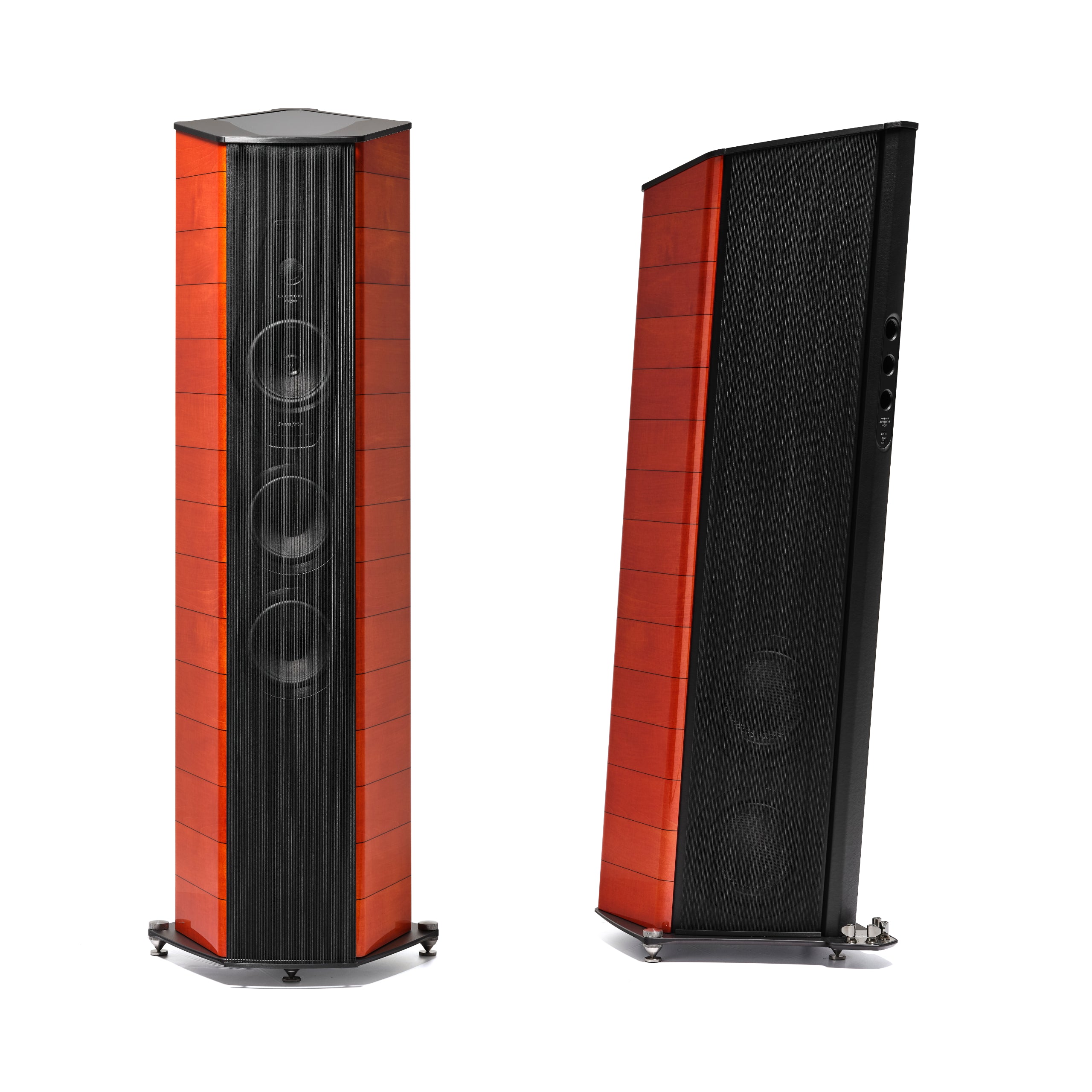 A front and side view of the Sonus faber Il Cremonese Ex3me floorstanding speakers in wenge wood.
