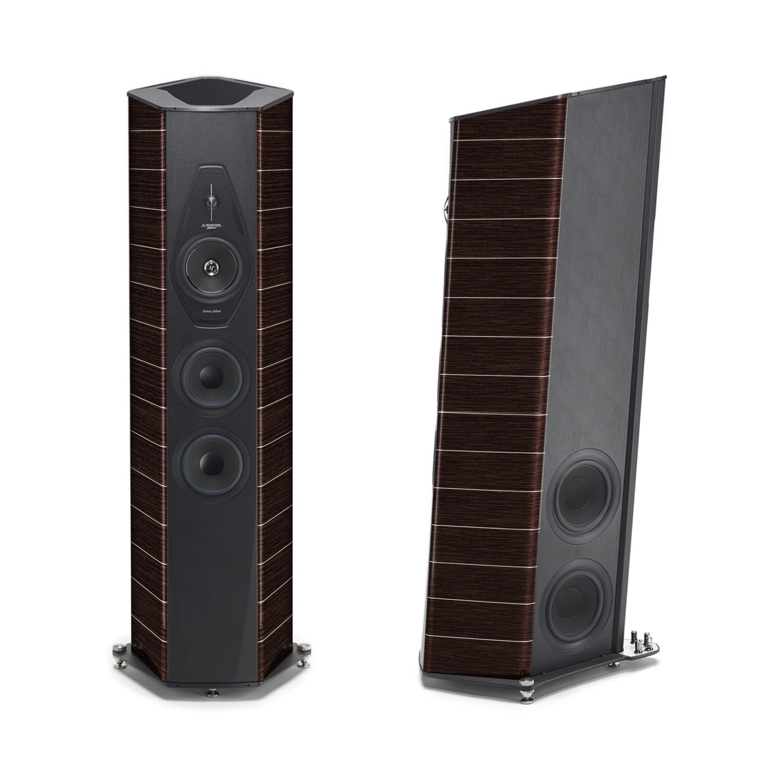 A front and side view of the Il Cremonese floorstanding speakers in wenge wood.