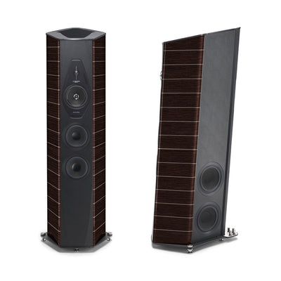 A front and side view of the Il Cremonese floorstanding speakers in wenge wood.