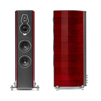 Pair of Sonus faber's Serafino G2 speakers in Red Wood, Italian Leather finish, revealing both front and side perspectives.