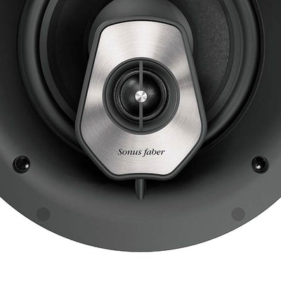 Close-up of Sonus faber PC-582 in-ceiling system, highlighting intricate details, including the Sonus faber logo.