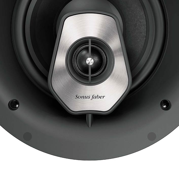 Close-up of Sonus faber PC-582 in-ceiling system, highlighting intricate details, including the Sonus faber logo.
