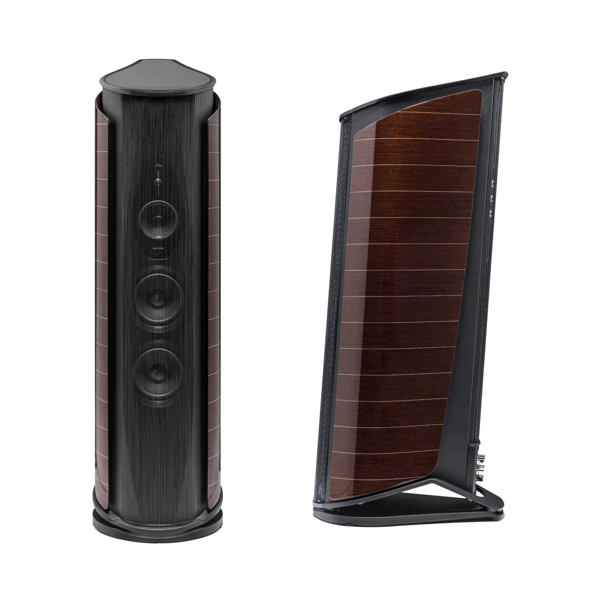 A front and side view of the Sonus faber Aida floorstanding speaker in wenge wood from the Reference collection.