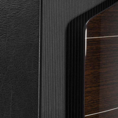Close-up of Sonus faber's Aida floorstanding loudspeaker in Wenge high gloss finish with Black leather detailing.