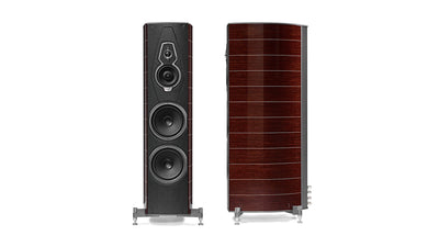 A duo of Amati G5 floorstanding speakers in Wenge Wood, Italian Leather finish, showcasing both front and side views.