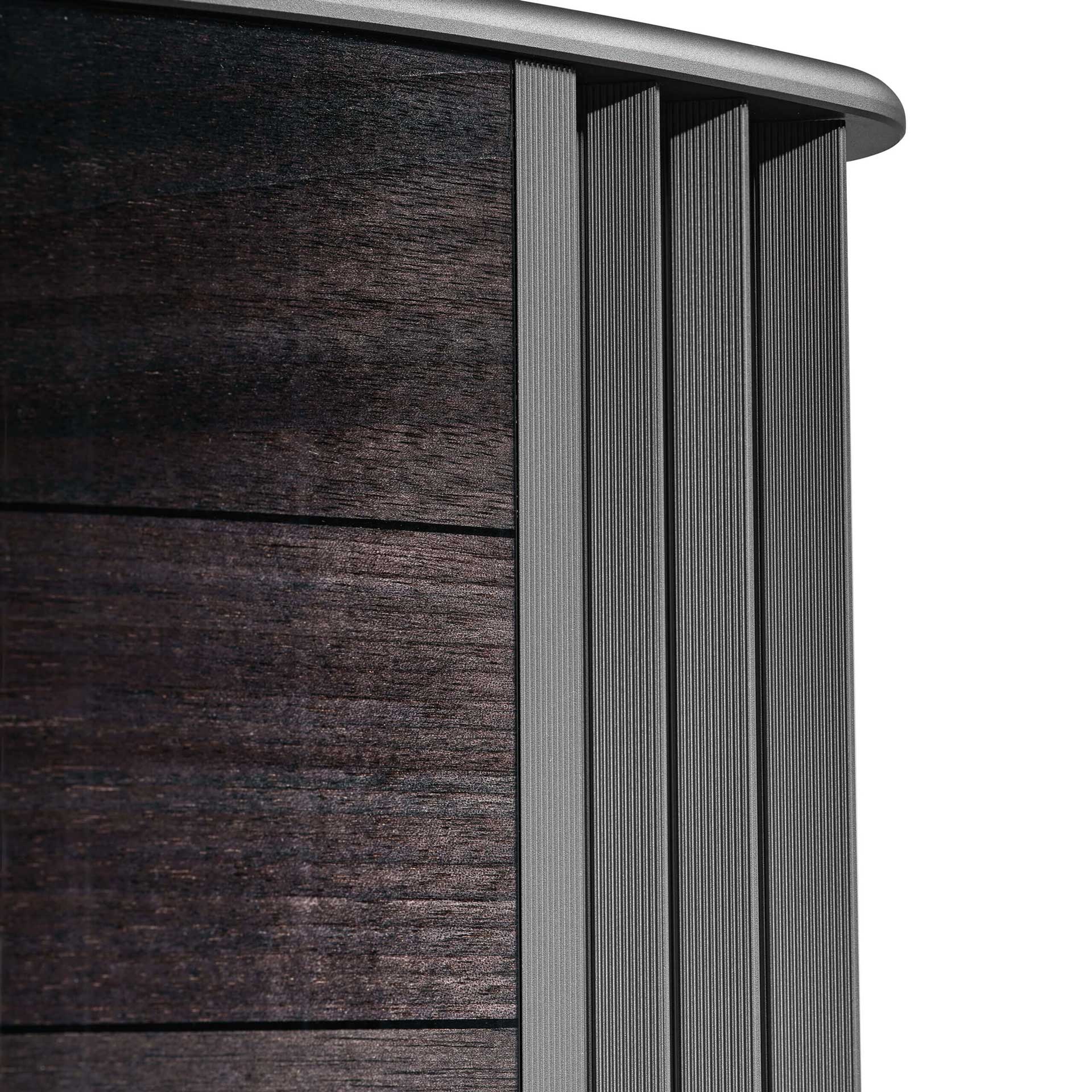 Close-up side view of the Sonus faber Amati G5 floorstanding speaker in elegant Graphite Wood, Italian leather finish.