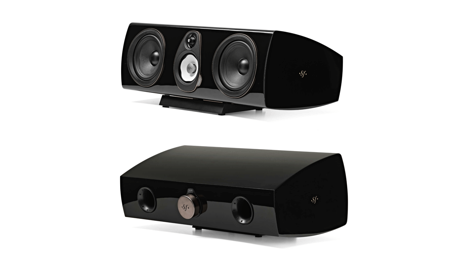 Sonus faber Sonetto Center Center Channel speakers, displaying front and back views with black.