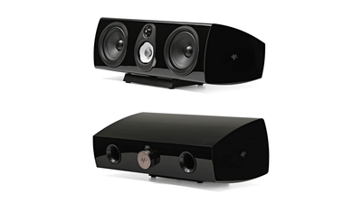 Sonus faber Sonetto Center Center Channel speakers, displaying front and back views with black.