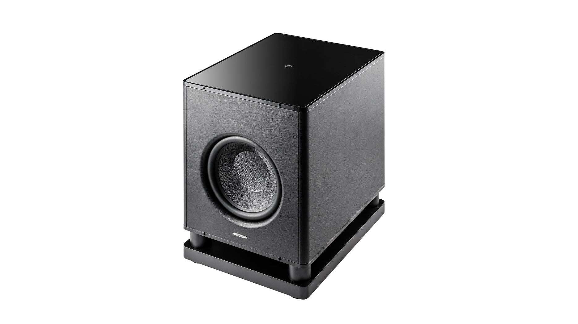 Sonus faber Gravis VI subwoofer featuring a matte black top and leather finishes, showcasing exquisite Italian design.