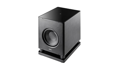 Sonus faber Gravis VI subwoofer featuring a matte black top and leather finishes, showcasing exquisite Italian design.