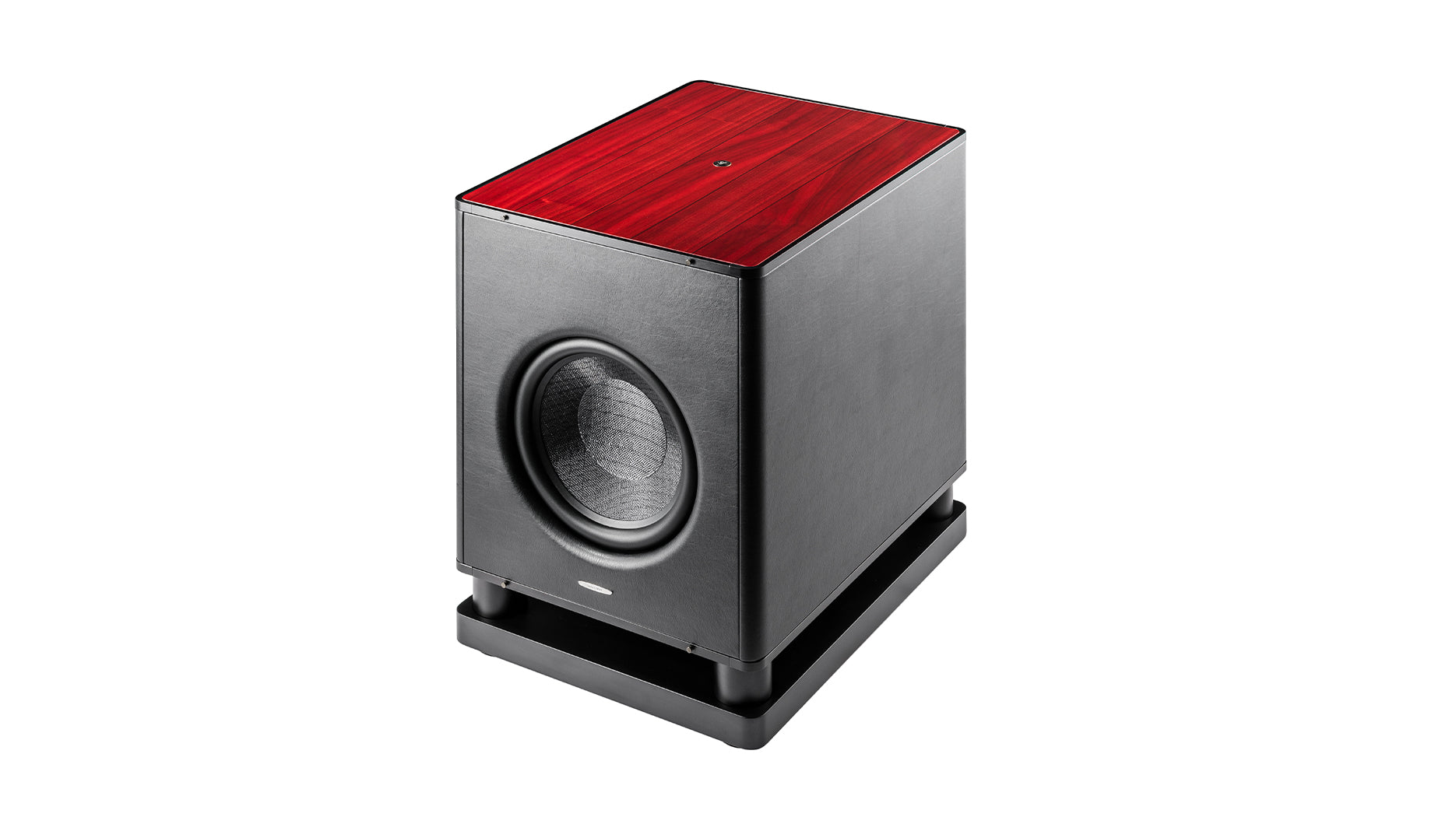 Sonus faber Gravis VI subwoofer in red wood with black leather finishes, displaying exquisite Italian design.