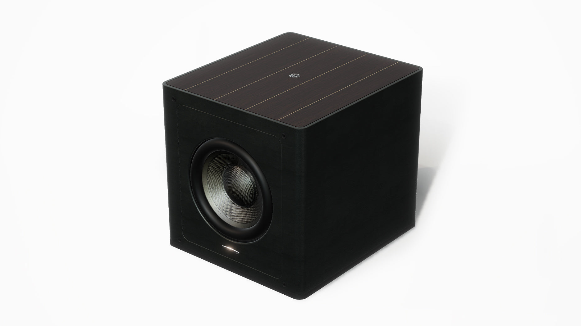 Sonus faber Gravis III Subwoofer in wenge wood with black leather finishes, showcasing the sleek and elegant Italian design