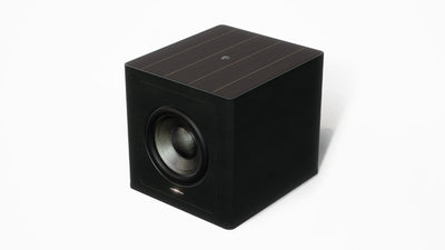 Sonus faber Gravis III Subwoofer in wenge wood with black leather finishes, showcasing the sleek and elegant Italian design