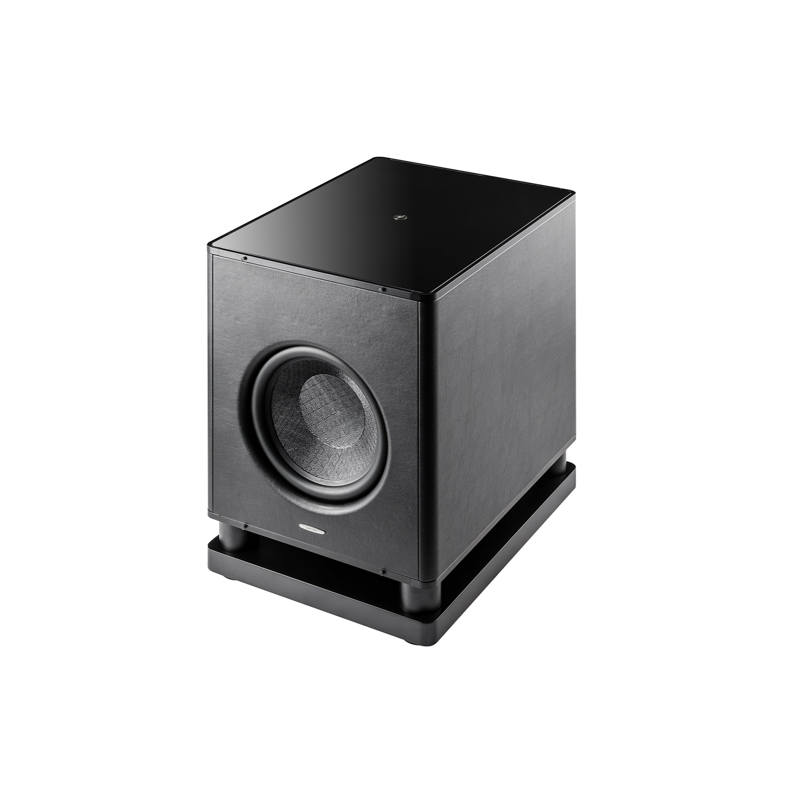 Sonus faber Gravis VI subwoofer featuring a matte black top and leather finishes, showcasing exquisite Italian design.