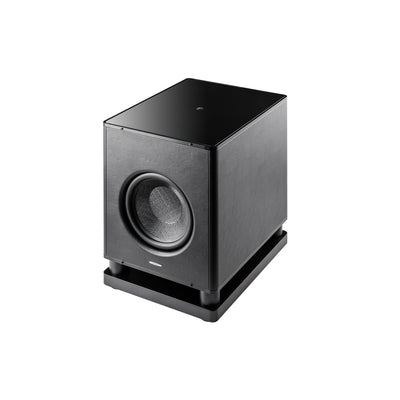 Sonus faber Gravis VI subwoofer featuring a matte black top and leather finishes, showcasing exquisite Italian design.