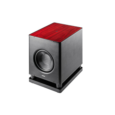 Sonus faber Gravis VI subwoofer in red wood with black leather finishes, displaying exquisite Italian design.