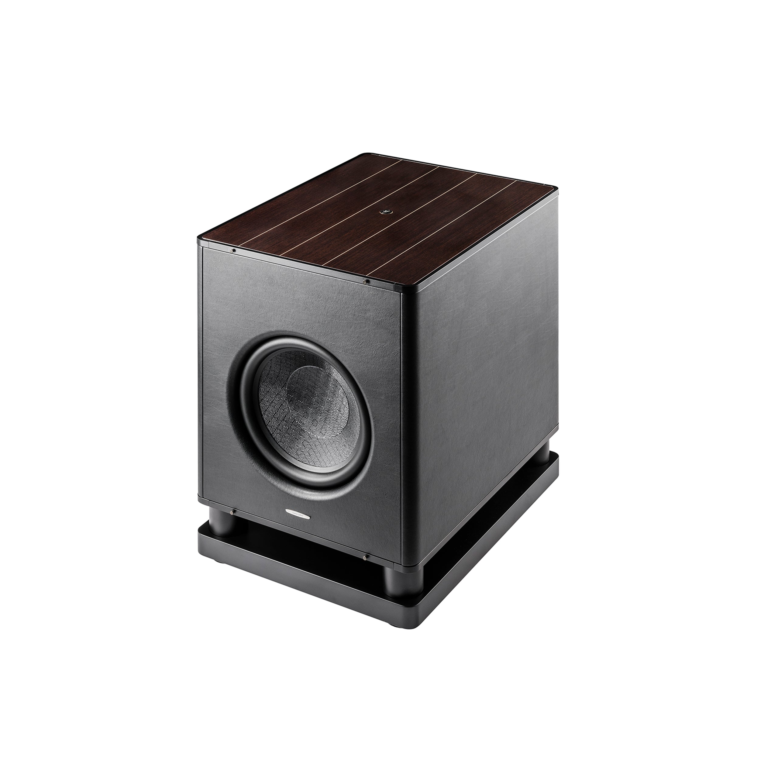 Sonus faber Gravis VI subwoofer featuring wenge wood and black leather finishes, showcasing beautiful Italian design.