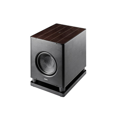 Sonus faber Gravis VI subwoofer featuring wenge wood and black leather finishes, showcasing beautiful Italian design.