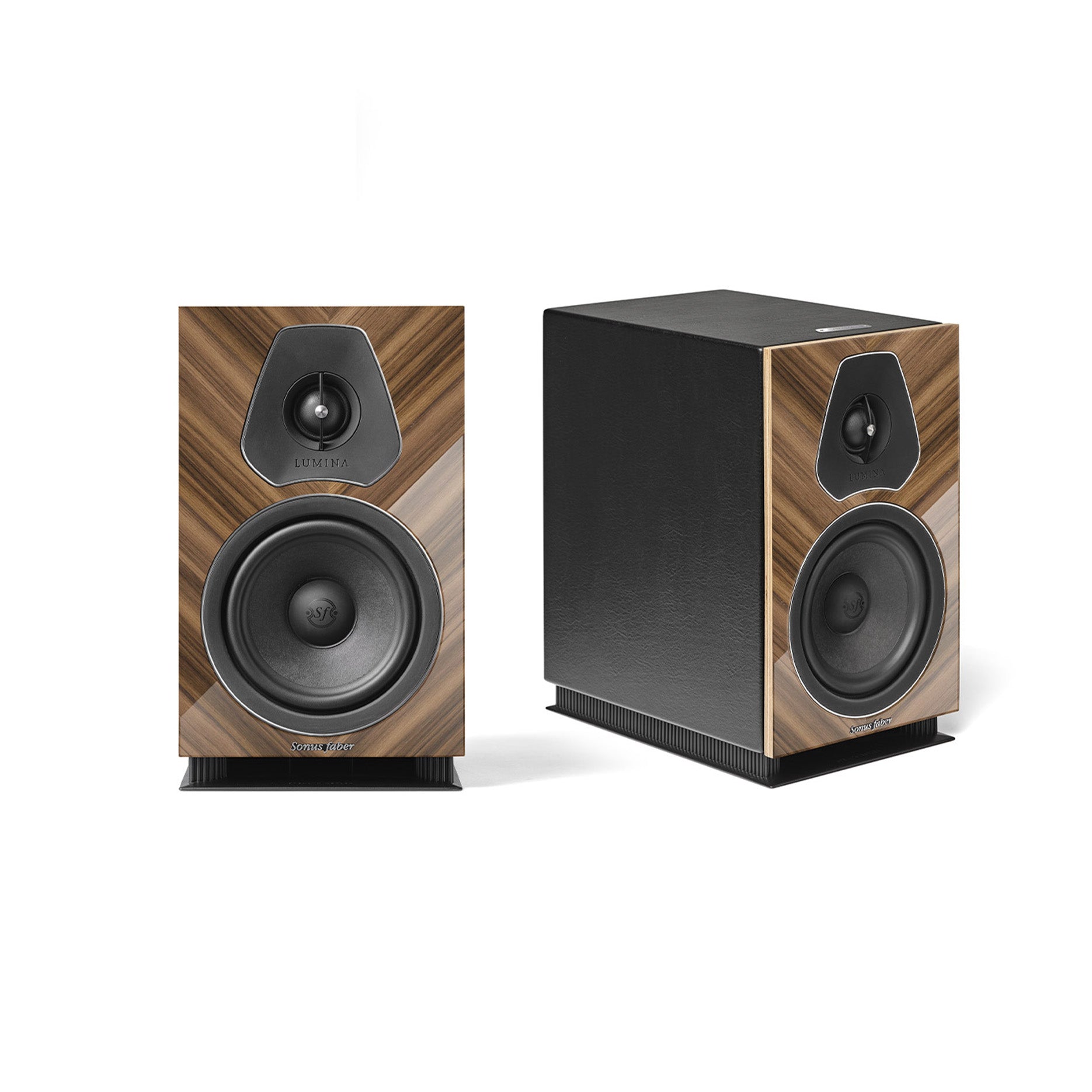 A pair of Sonus faber Lumina II Amator bookshelf speakers in walnut high gloss multilayer wood with black leather accents.
