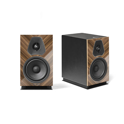 A pair of Sonus faber Lumina II Amator bookshelf speakers in walnut high gloss multilayer wood with black leather accents.